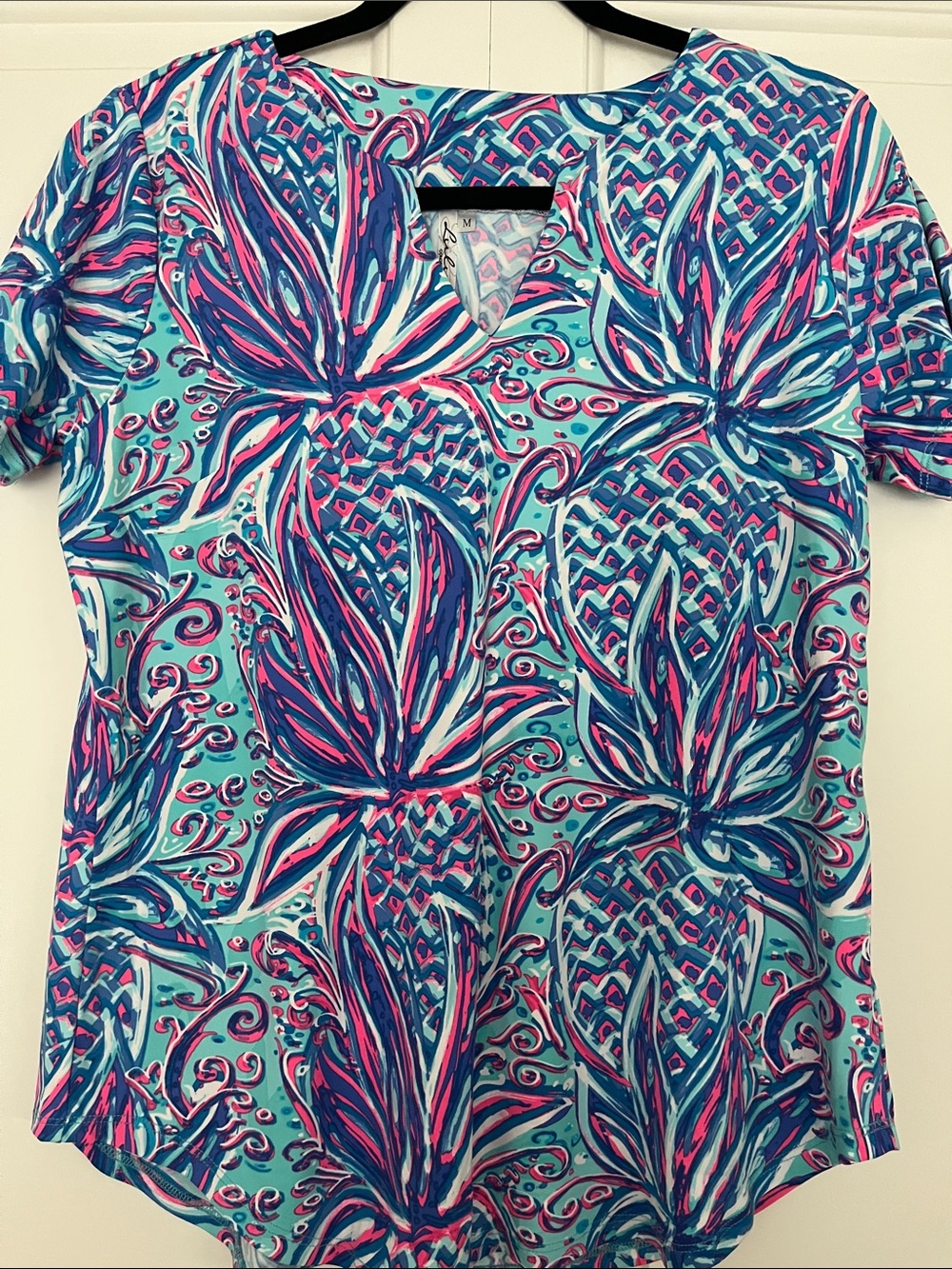 Lulu-B: Vibrant Aqua Pineapple Print Women’s Top
